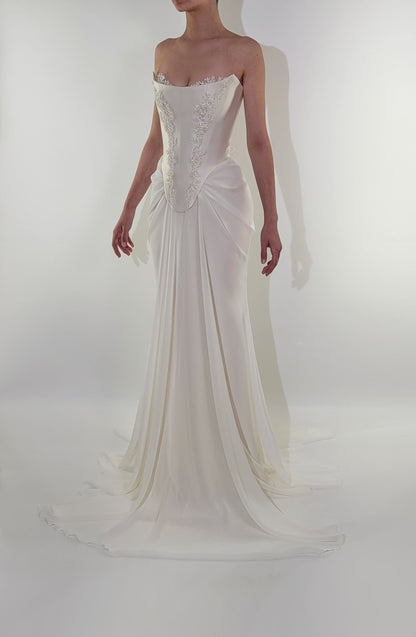 Handmade Draped Pearl Off White Chiffon Sheer Mesh Corset Crystal Lace Wedding Gown Dress Formal Bridal