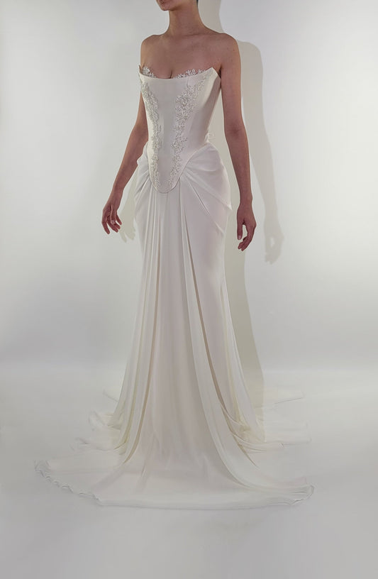 Handmade Draped Pearl Off White Chiffon Sheer Mesh Corset Crystal Lace Wedding Gown Dress Formal Bridal
