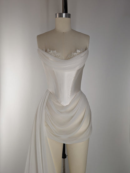 Off White Basque Waist Corset Embroidered Beaded Lace Draped Mini Long Cathedral Train Wedding Gown Dress Bridal