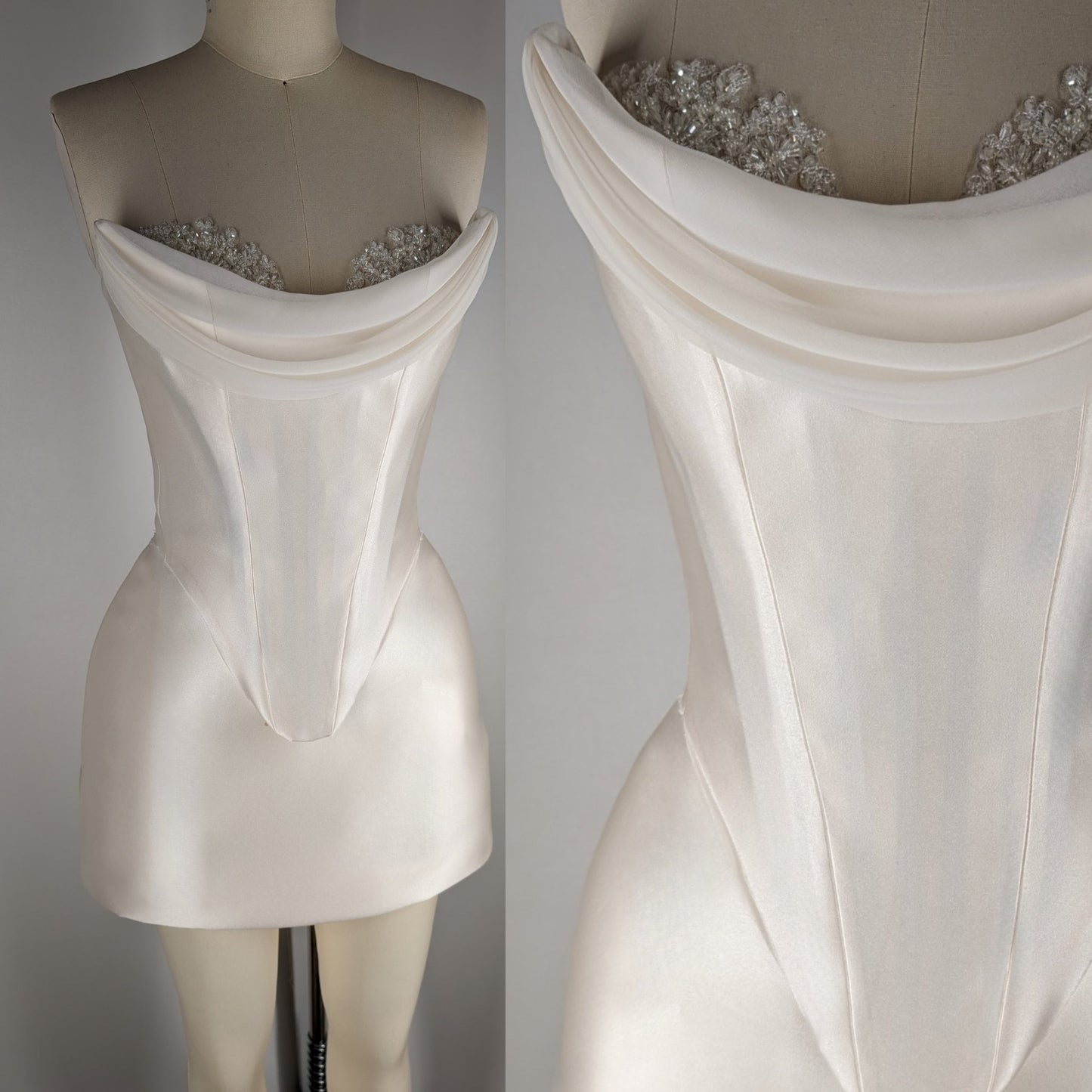 Cream Pearl White Duchess Satin Corset Draped Neckline Beaded Lace Crystal Embroidered Cups Mini Skirt Dress