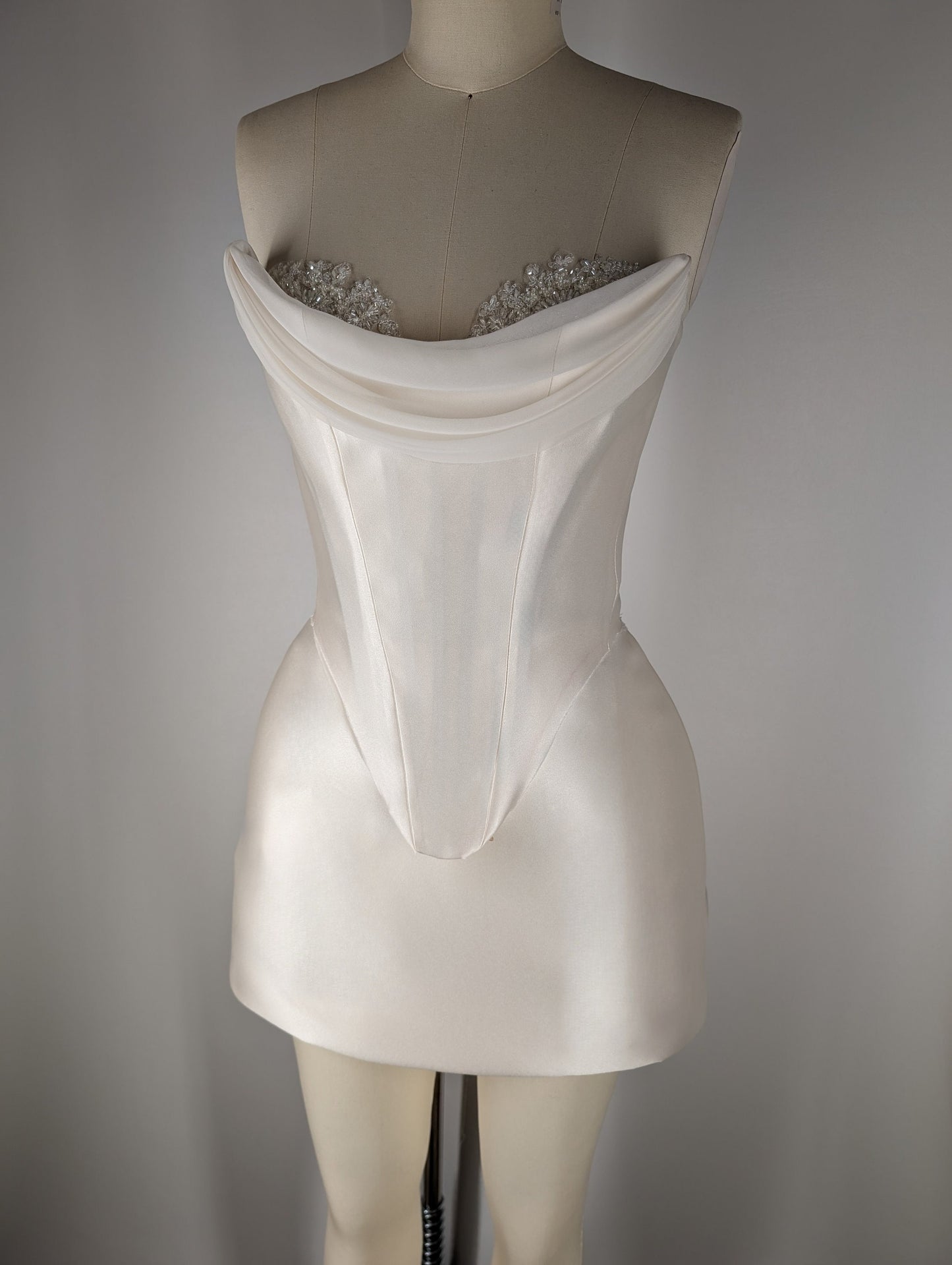 Cream Pearl White Duchess Satin Corset Draped Neckline Beaded Lace Crystal Embroidered Cups Mini Skirt Dress