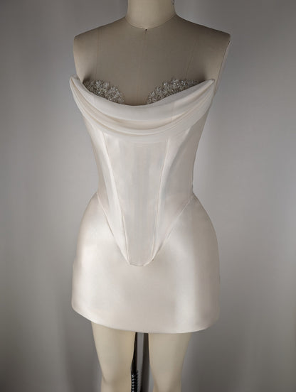 Cream Pearl White Duchess Satin Corset Draped Neckline Beaded Lace Crystal Embroidered Cups Mini Skirt Dress