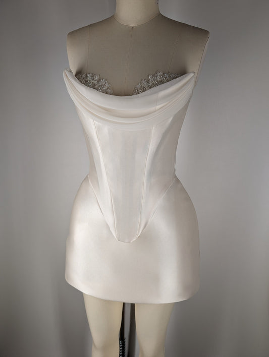Cream Pearl White Duchess Satin Corset Draped Neckline Beaded Lace Crystal Embroidered Cups Mini Skirt Dress