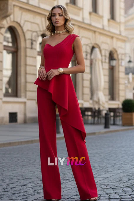 Red Two Piece One Shoulder Jumpsuits