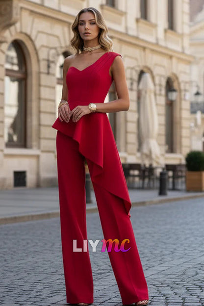 Red Two Piece One Shoulder Jumpsuits