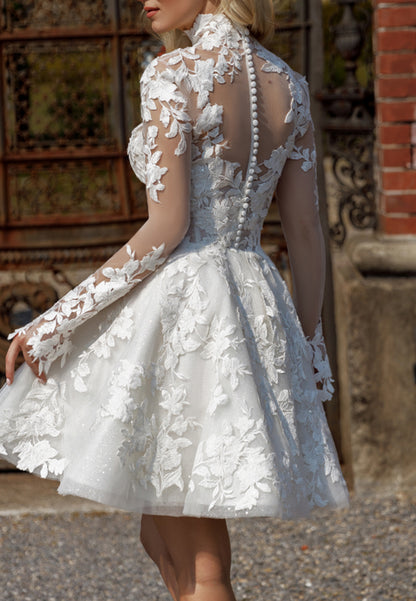 High Neck Long Sleeves Lace Appliques Pleated Short A-Line Wedding Dre Liymc High Neck Long Sleeves Lace Appliques Pleated Short A-Line Wedding Dre Liymc