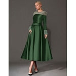 A-Line Cocktail Dresses Elegant Dress Formal Tea Length Long Sleeve Jewel Neck Satin with Pearls Dresses