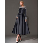 A-Line Cocktail Dresses Elegant Dress Formal Tea Length Long Sleeve Jewel Neck Satin with Pearls Dresses