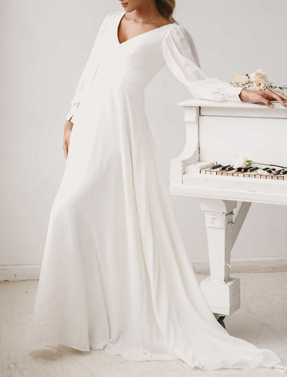 Hall Casual Wedding Dresses A-Line V Neck Long Sleeve Court Train Chiffon Bridal Gowns With Solid Color
