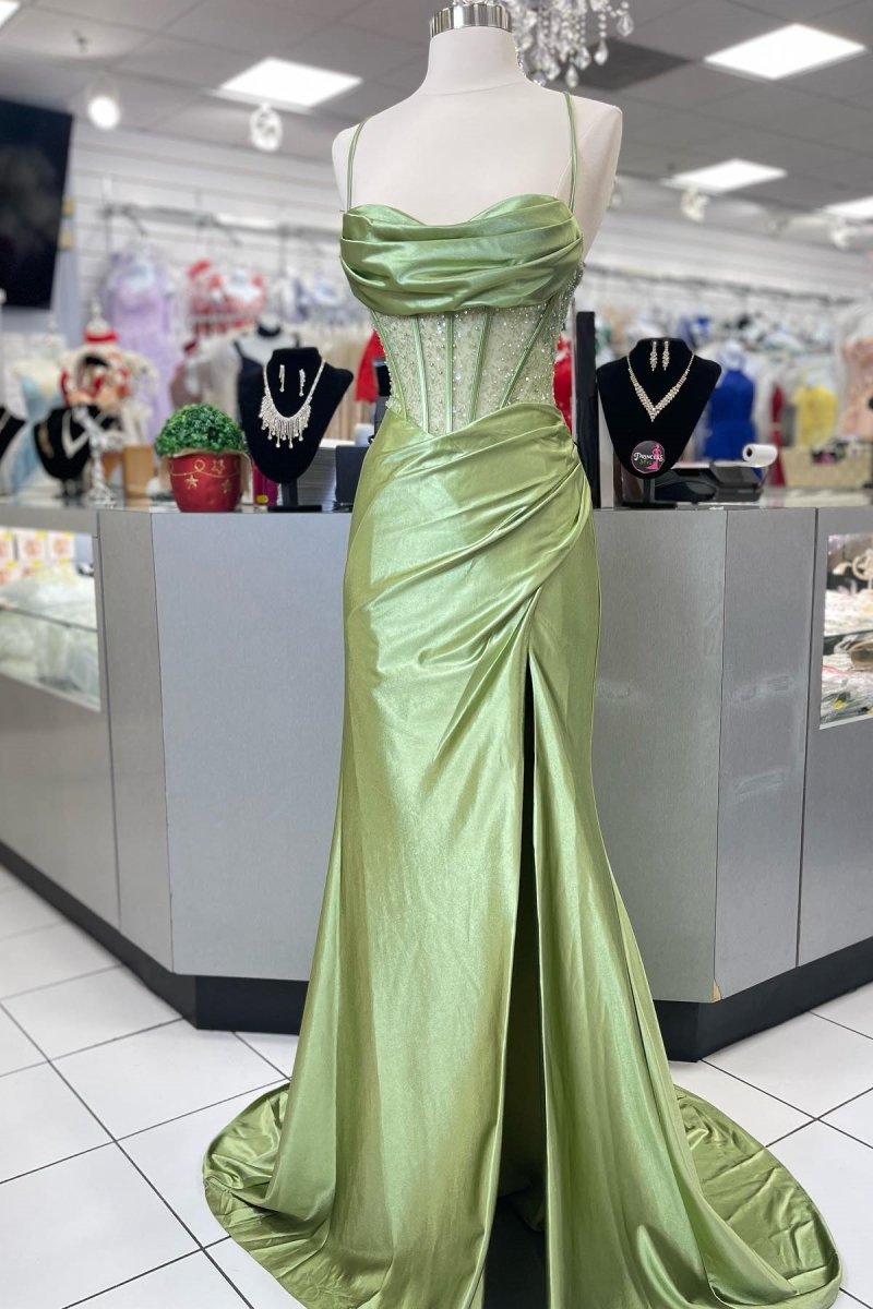 Sage Scoop Neck Satin Mermaid Long Prom Dress with Slit