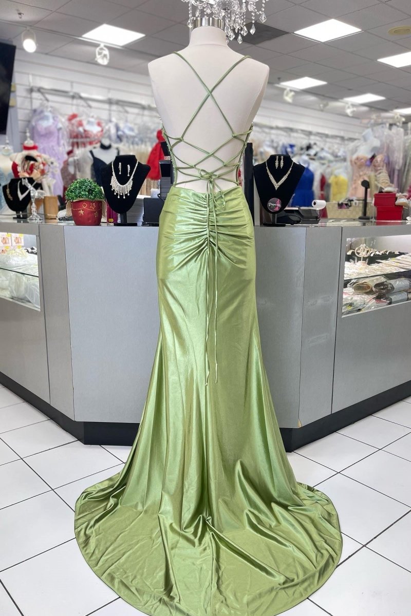 Sage Scoop Neck Satin Mermaid Long Prom Dress with Slit