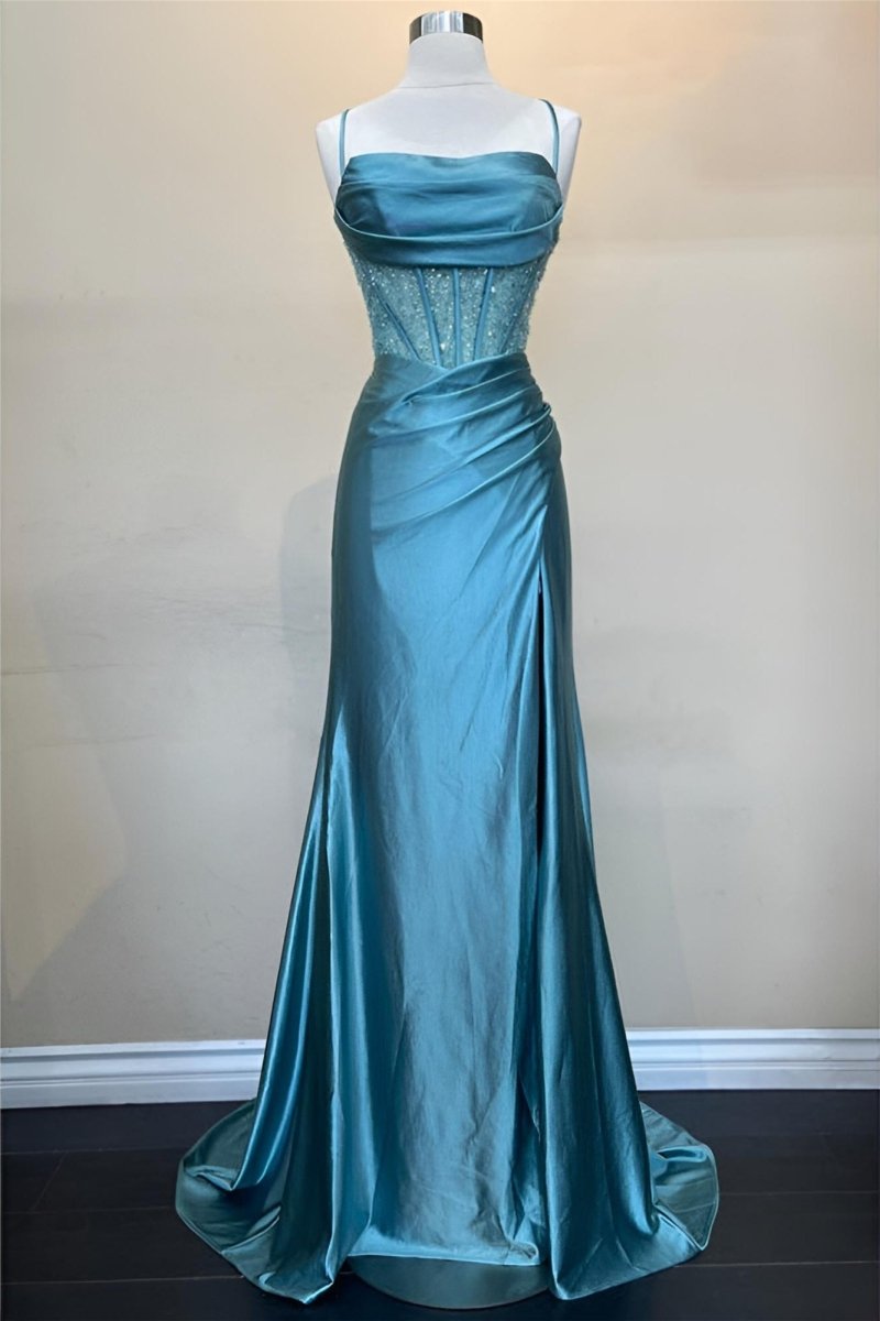 Sage Scoop Neck Satin Mermaid Long Prom Dress with Slit