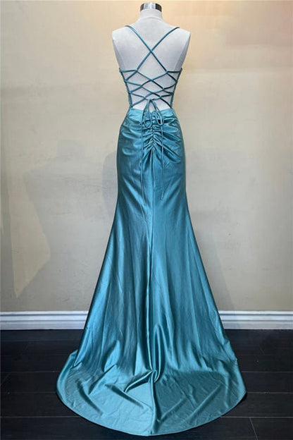 Sage Scoop Neck Satin Mermaid Long Prom Dress with Slit
