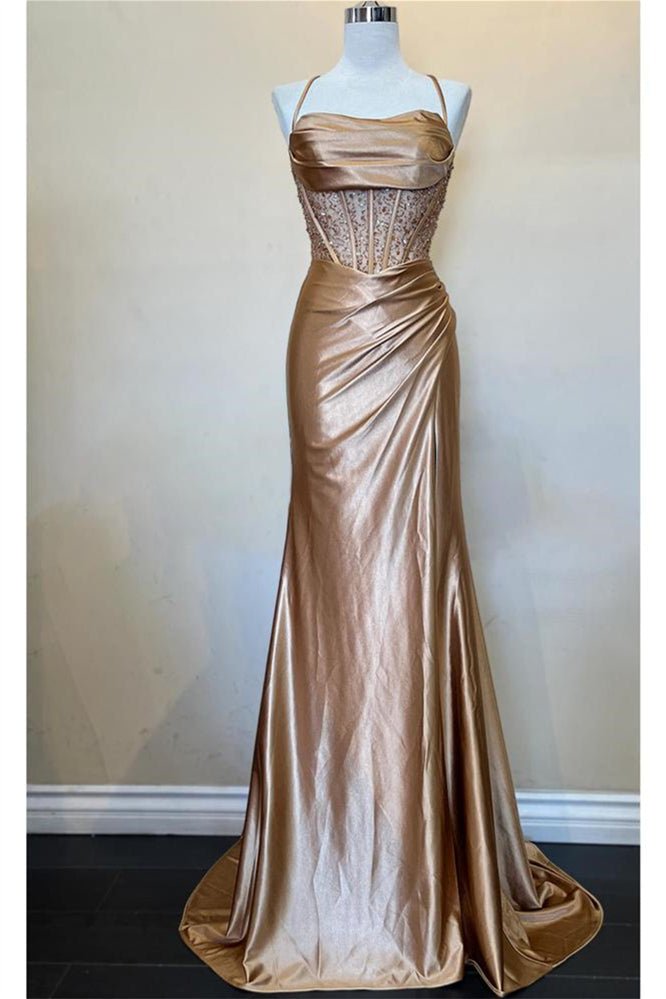 Sage Scoop Neck Satin Mermaid Long Prom Dress with Slit