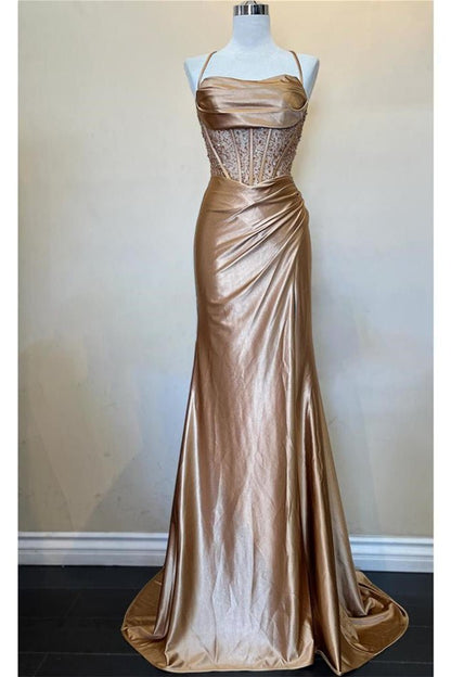 Sage Scoop Neck Satin Mermaid Long Prom Dress with Slit