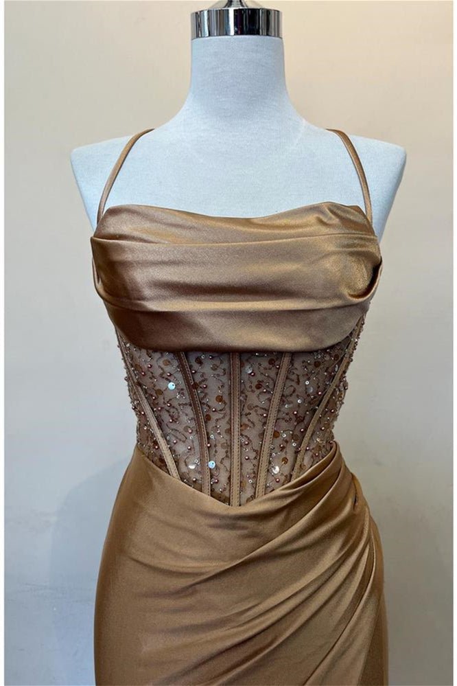 Sage Scoop Neck Satin Mermaid Long Prom Dress with Slit