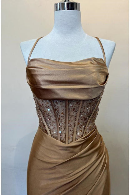 Sage Scoop Neck Satin Mermaid Long Prom Dress with Slit