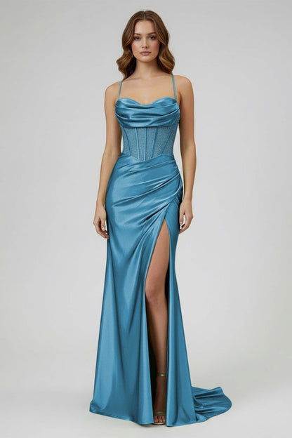 Sage Scoop Neck Satin Mermaid Long Prom Dress with Slit