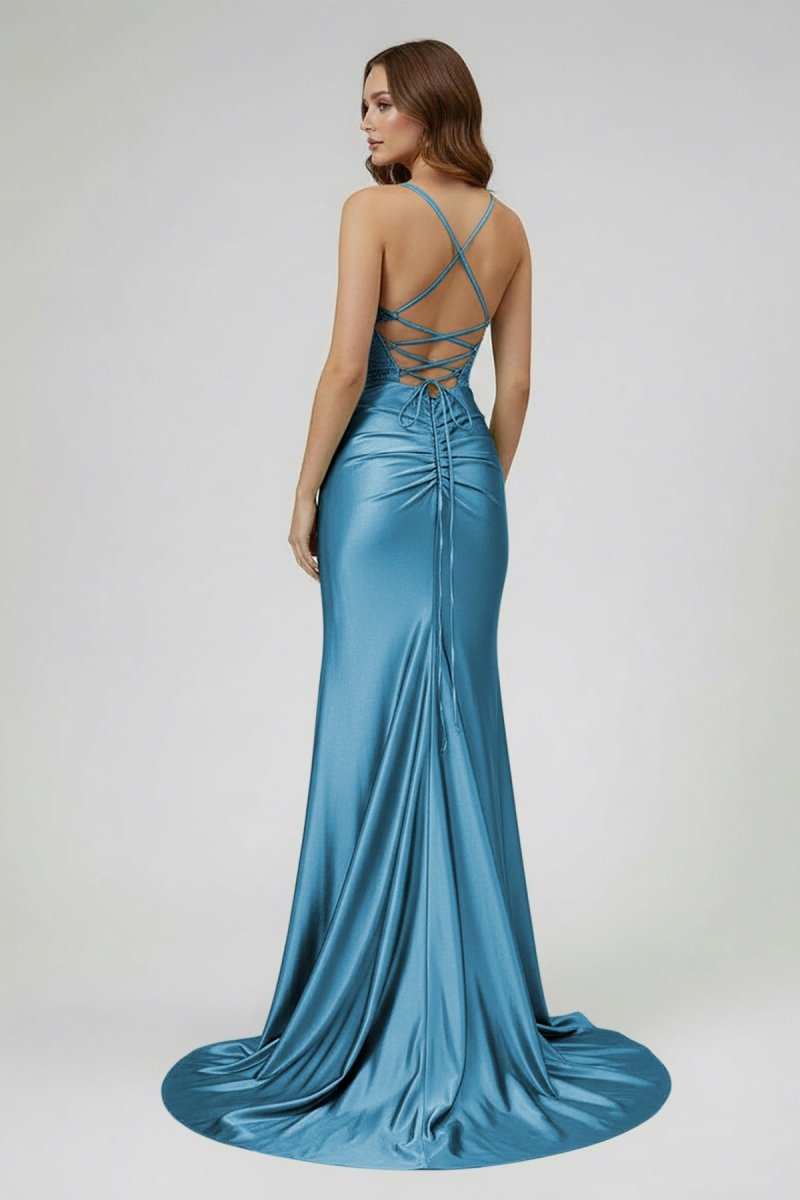 Sage Scoop Neck Satin Mermaid Long Prom Dress with Slit