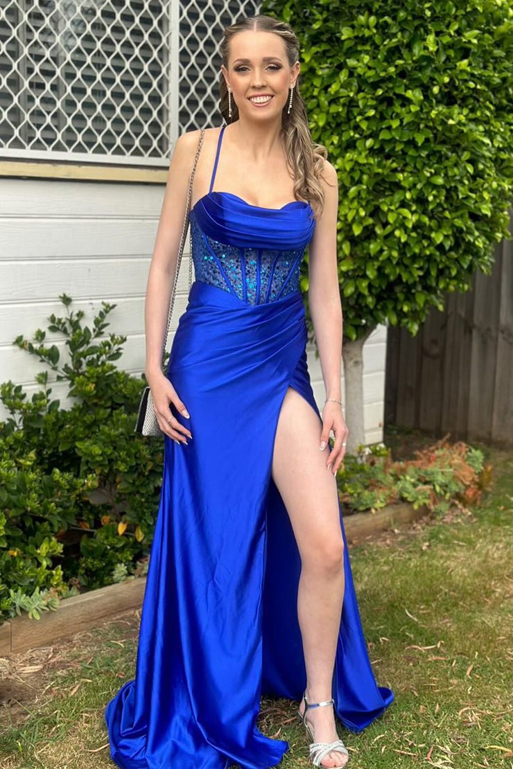 Sage Scoop Neck Satin Mermaid Long Prom Dress with Slit