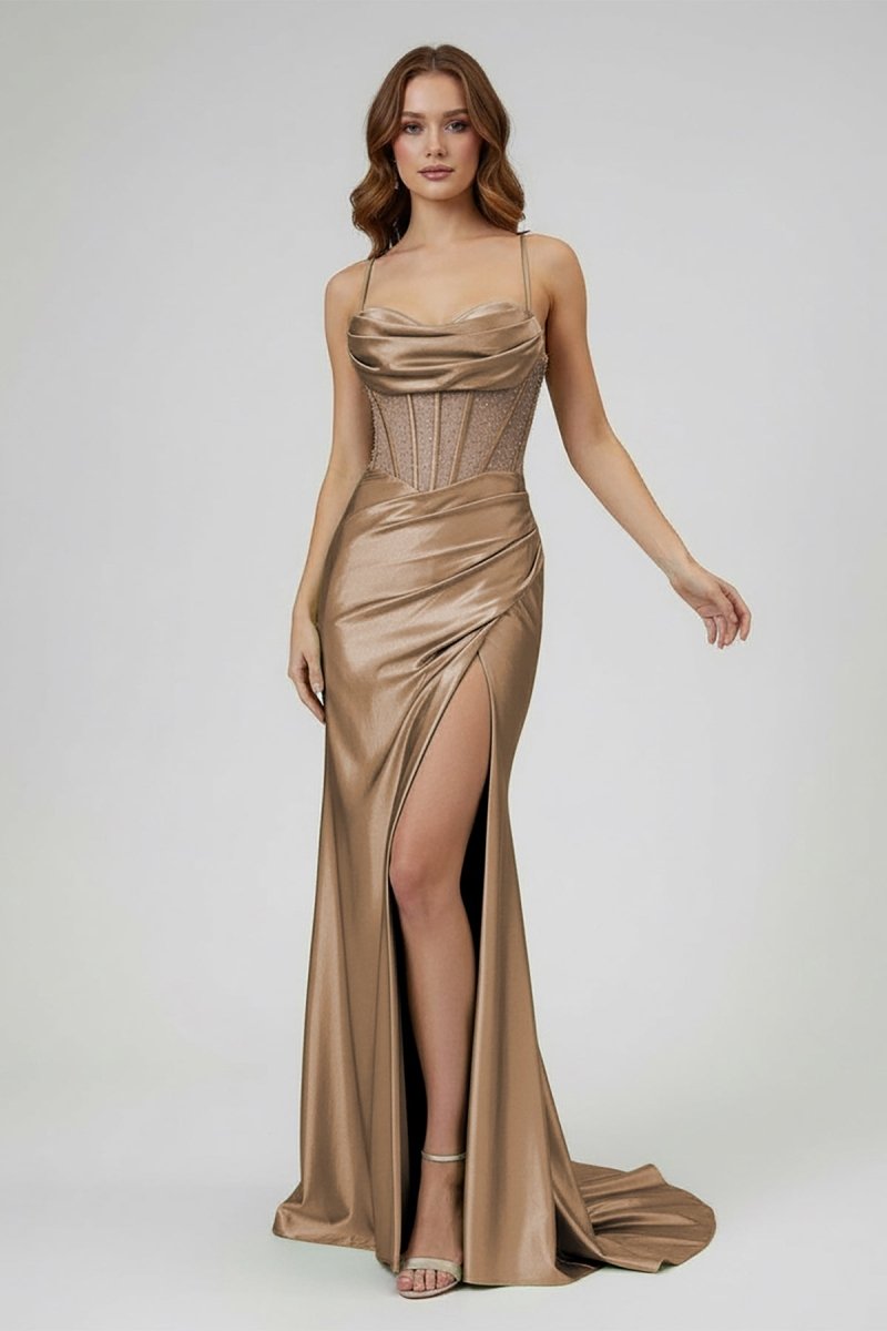 Sage Scoop Neck Satin Mermaid Long Prom Dress with Slit