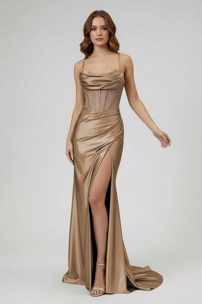 Sage Scoop Neck Satin Mermaid Long Prom Dress with Slit