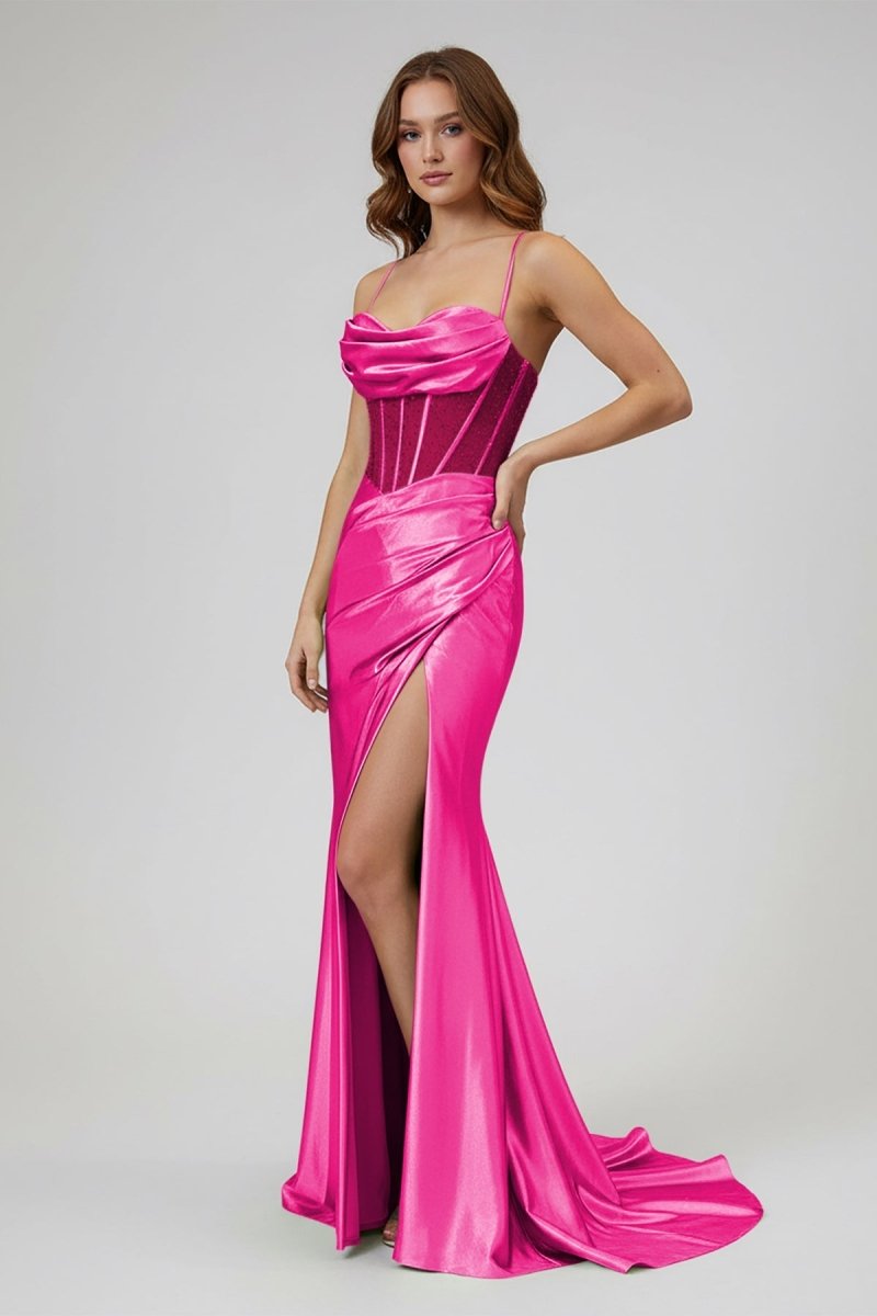 Sage Scoop Neck Satin Mermaid Long Prom Dress with Slit