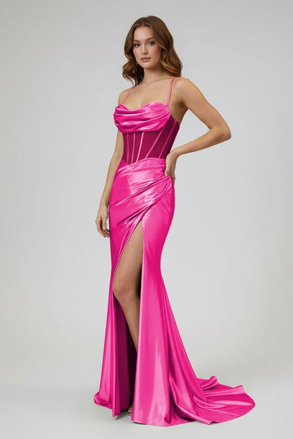 Sage Scoop Neck Satin Mermaid Long Prom Dress with Slit