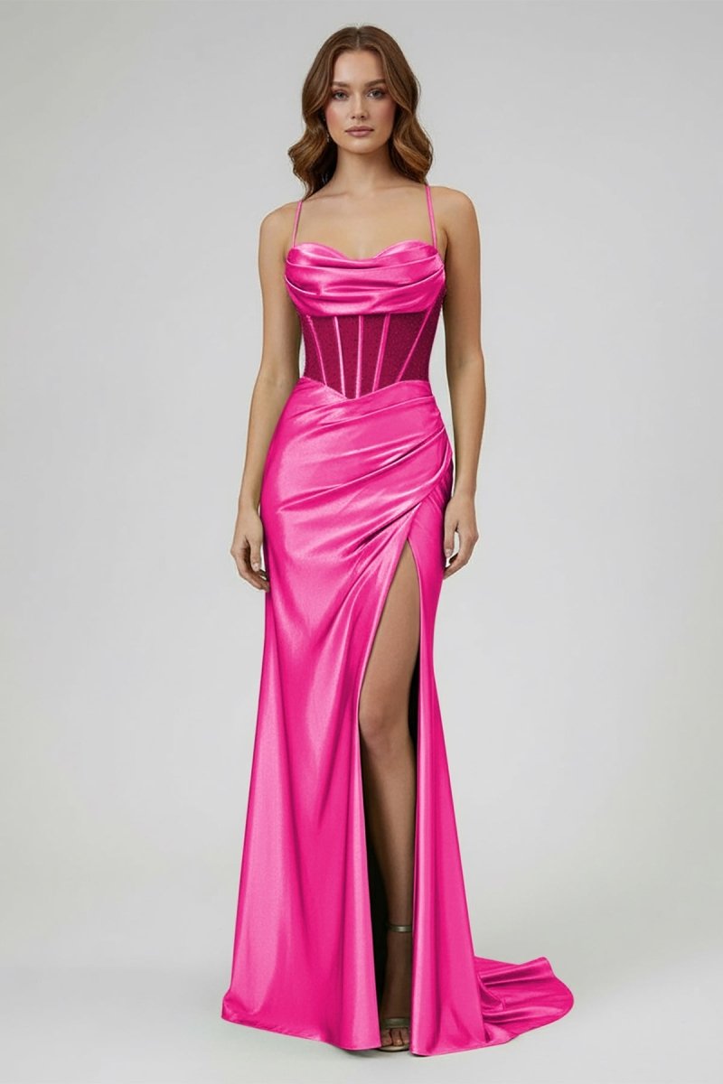 Sage Scoop Neck Satin Mermaid Long Prom Dress with Slit
