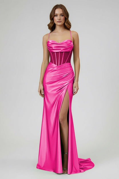 Sage Scoop Neck Satin Mermaid Long Prom Dress with Slit