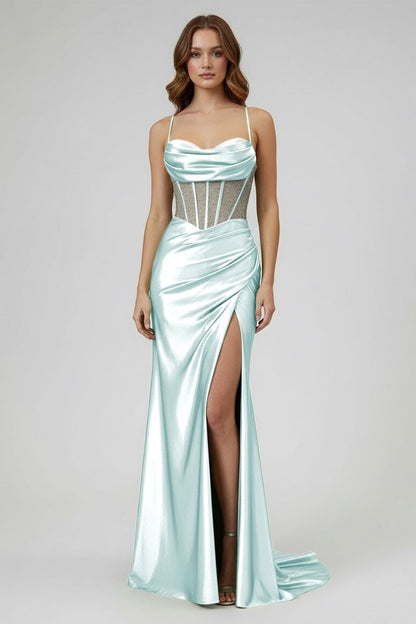 Sage Scoop Neck Satin Mermaid Long Prom Dress with Slit