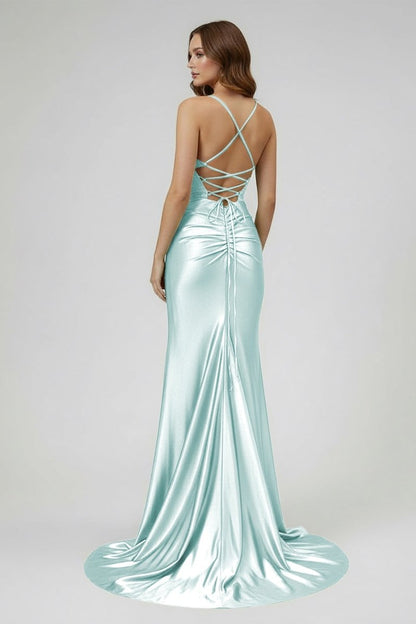 Sage Scoop Neck Satin Mermaid Long Prom Dress with Slit