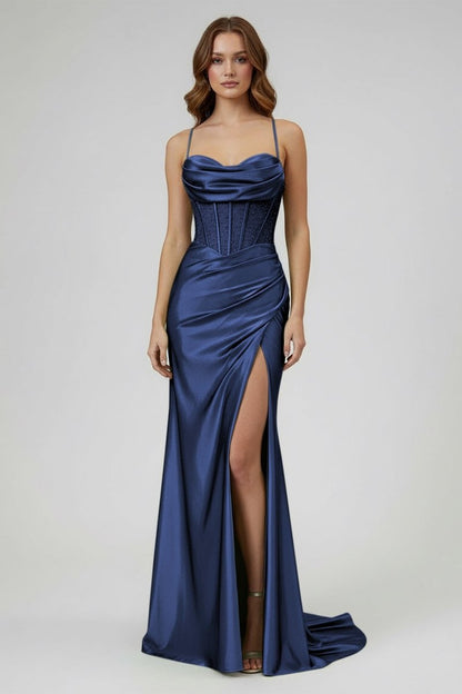Sage Scoop Neck Satin Mermaid Long Prom Dress with Slit