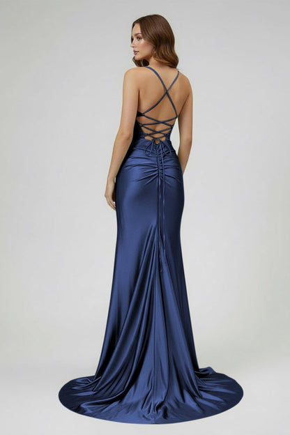 Sage Scoop Neck Satin Mermaid Long Prom Dress with Slit