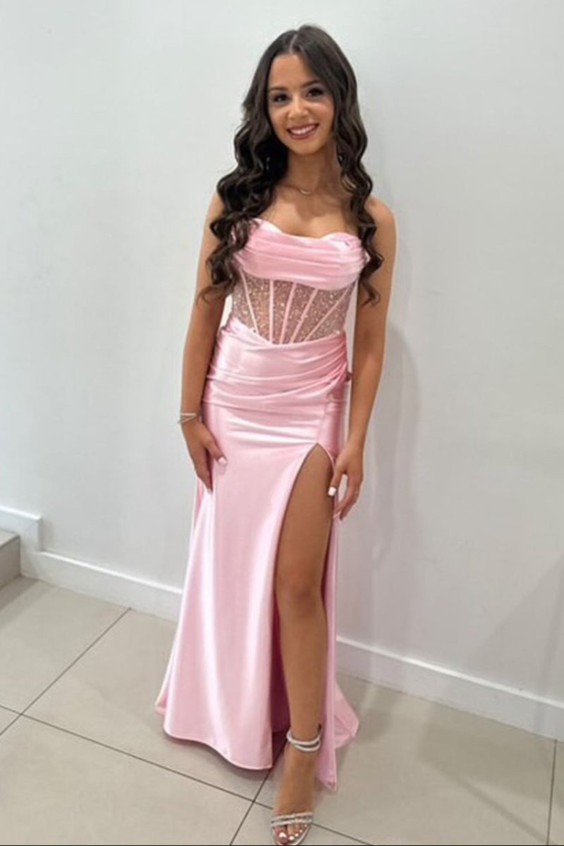Sage Scoop Neck Satin Mermaid Long Prom Dress with Slit