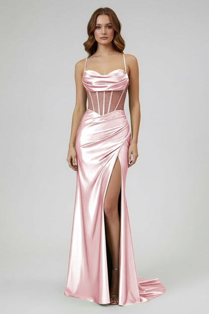 Sage Scoop Neck Satin Mermaid Long Prom Dress with Slit