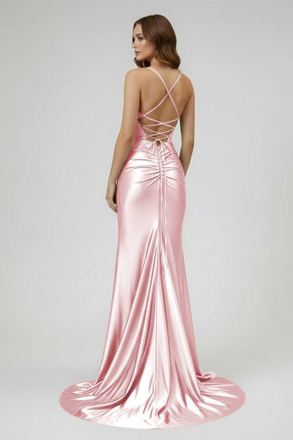 Sage Scoop Neck Satin Mermaid Long Prom Dress with Slit