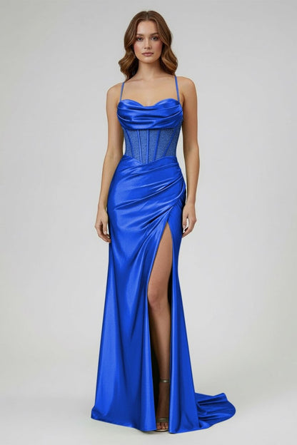 Sage Scoop Neck Satin Mermaid Long Prom Dress with Slit