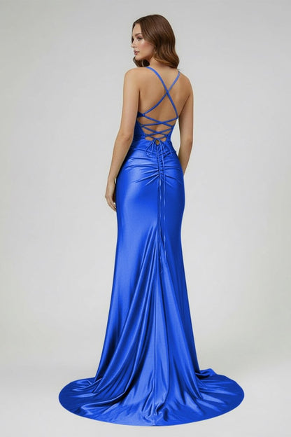 Sage Scoop Neck Satin Mermaid Long Prom Dress with Slit
