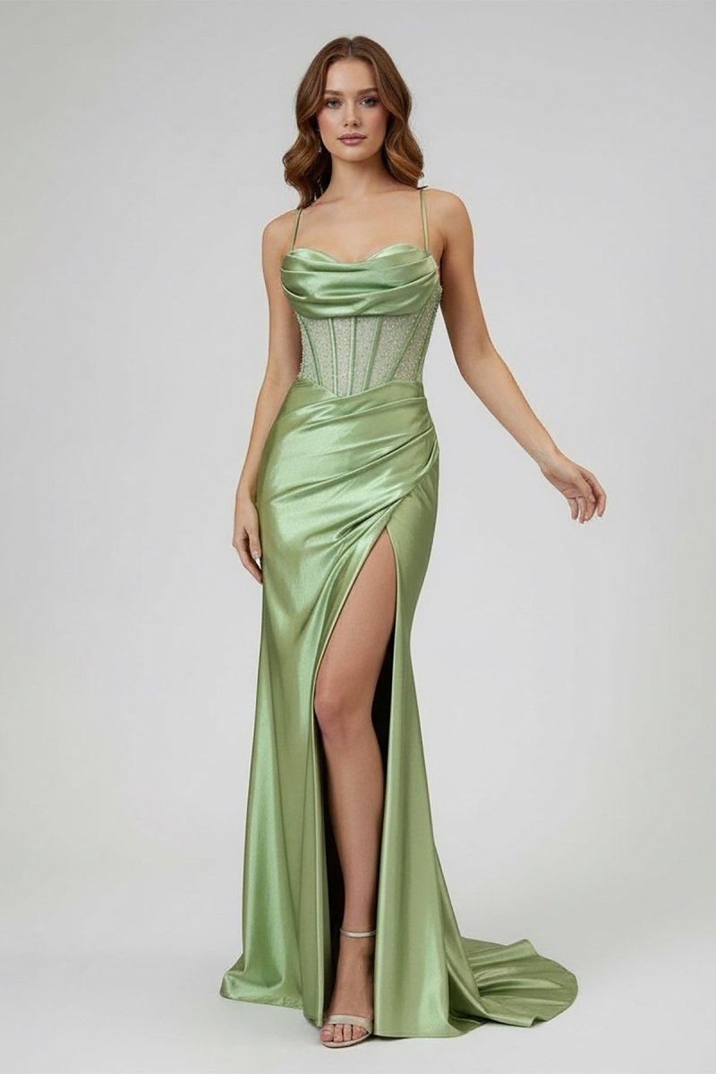 Sage Scoop Neck Satin Mermaid Long Prom Dress with Slit
