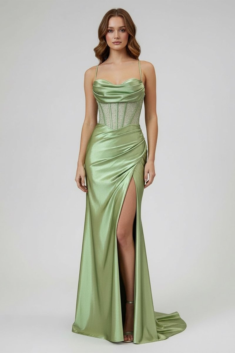 Sage Scoop Neck Satin Mermaid Long Prom Dress with Slit