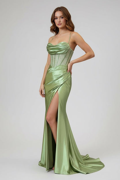 Sage Scoop Neck Satin Mermaid Long Prom Dress with Slit
