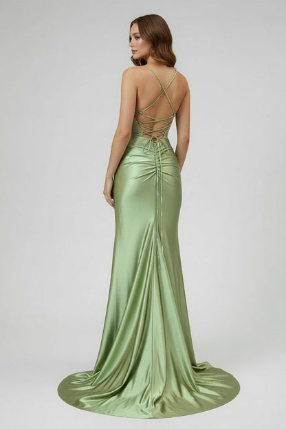 Sage Scoop Neck Satin Mermaid Long Prom Dress with Slit