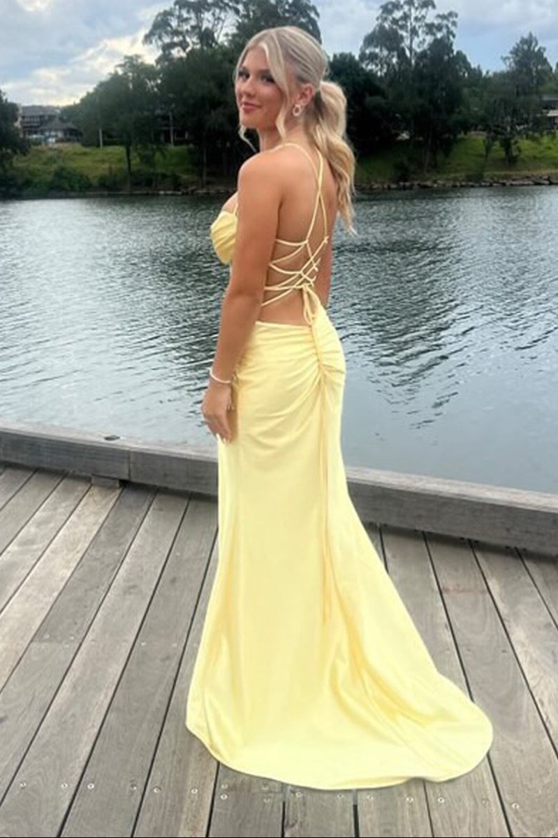 Sage Scoop Neck Satin Mermaid Long Prom Dress with Slit