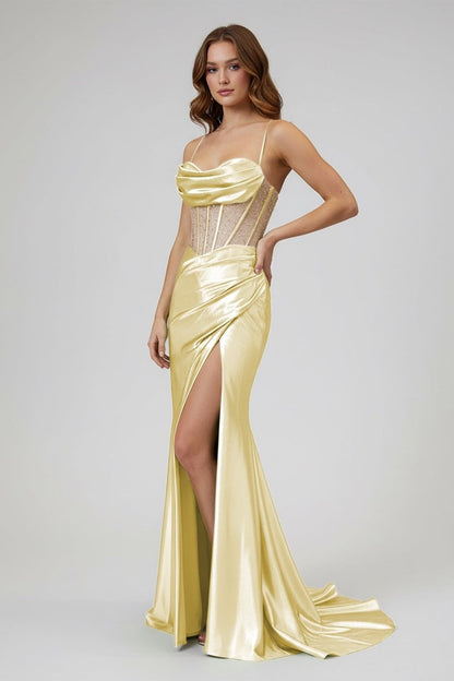 Sage Scoop Neck Satin Mermaid Long Prom Dress with Slit
