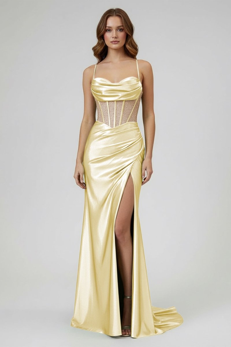 Sage Scoop Neck Satin Mermaid Long Prom Dress with Slit