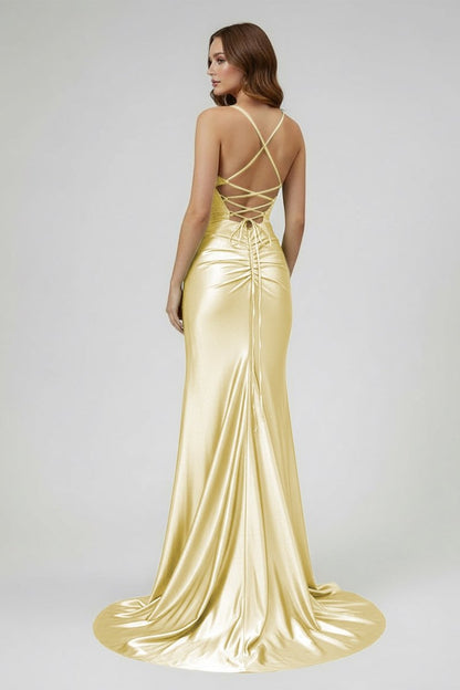 Sage Scoop Neck Satin Mermaid Long Prom Dress with Slit