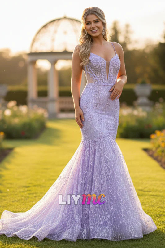 Mermaid V Neck Lavender Lace Tulle Long Prom Dresses