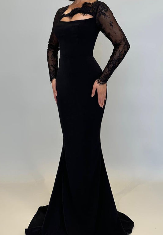 Scoop Long Sleeves Illusion Lace Appliques Mermaid Formal Dress
