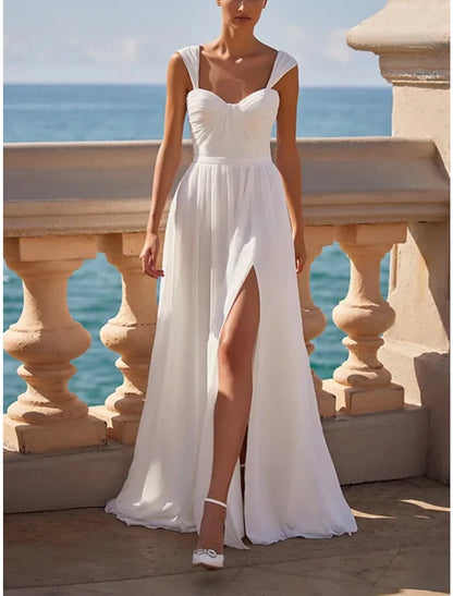 Little White Dresses Wedding Dresses A-Line Square Neck Sleeveless Sweep / Brush Train Chiffon Bridal Gowns With Pleats Split Front